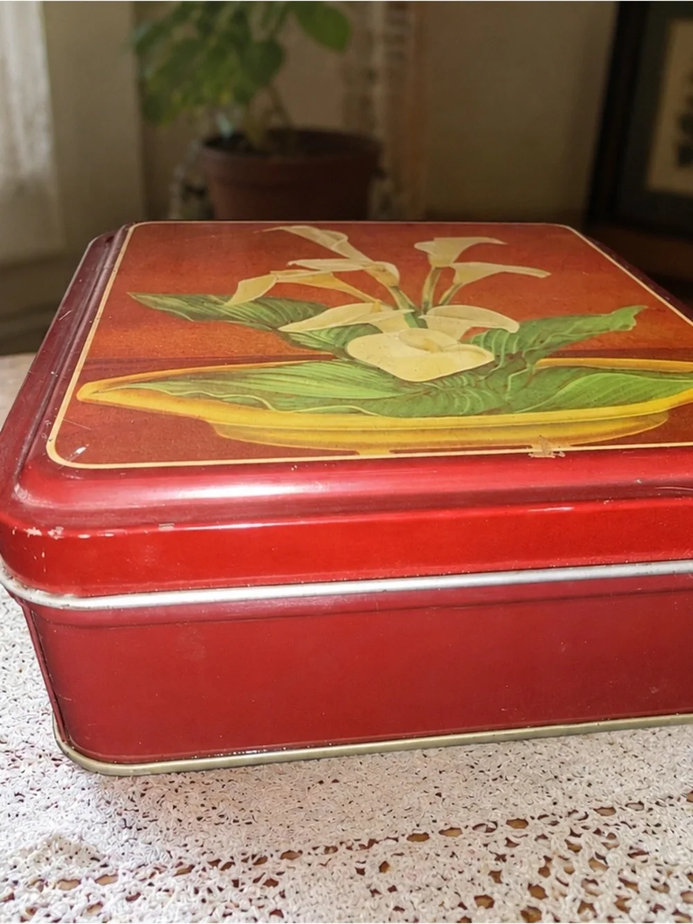 Vintage Red Floral Tin Box Yellow Calla Lily Square Metal Storage Container